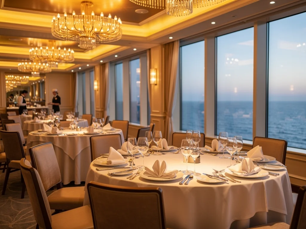 Elegant cruise ship dining room featuring diverse culinary options included in various cabin categories.